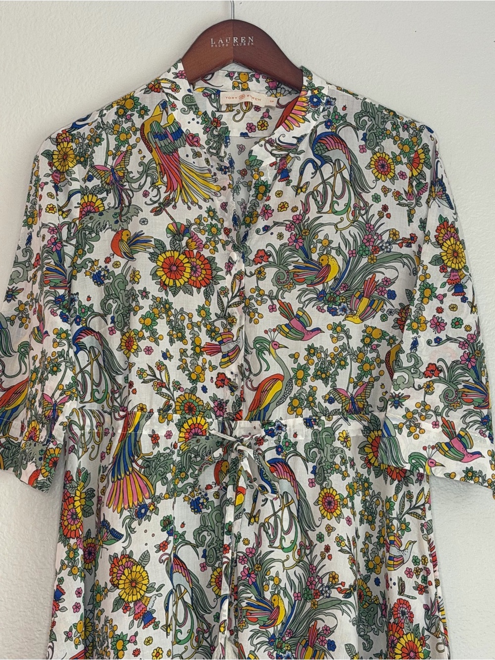 Tory Burch Promised Land Cotton Maxi Shirt Dress Pockets | S Bird Floral Print - Picture 4 of 7